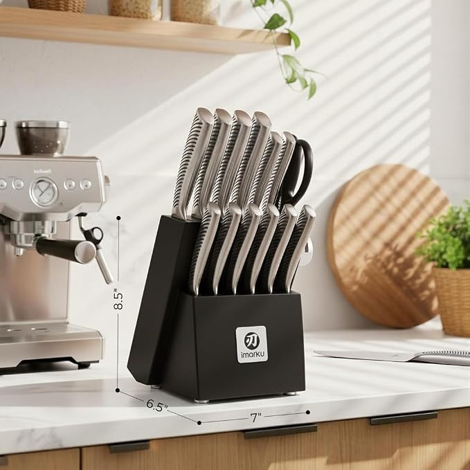 Imarku 14-Piece Japanese Gyutou Stainless Steel Knife Set with Block | 15° Precision Edge | 56±2 HRC Hardness | Full-Tang Build for Perfect Balance | Built-in Sharpener for Easy Maintenance