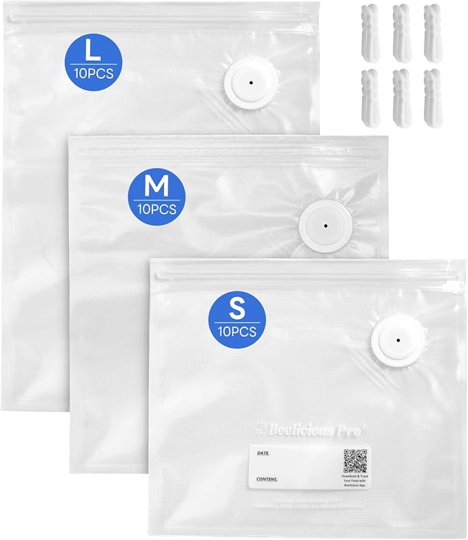 Reusable Vacuum Sealer Bags for Food, 30 PCS BPA-Free Food Storage Bags with Air Valve, Leakproof & Odor-Resistant for Sous Vide, Freezer & Microwave, Compatible with Most Vacuum Sealers