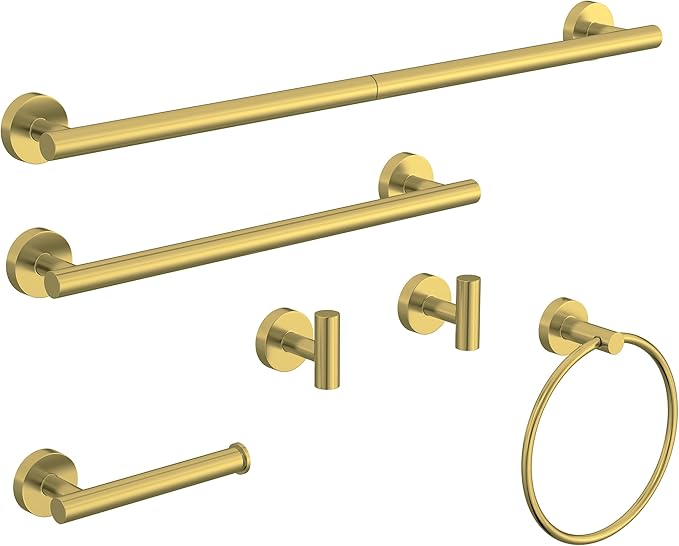 6 Pcs Brushed Gold Bathroom Accessories Hardware Set SUS304 Stainless Steel Towel Rack and Toilet Paper Holder Set Bath Towel Bar Set Wall Mounted for Bathroom Kitchen by HOMEMYSTIQUE