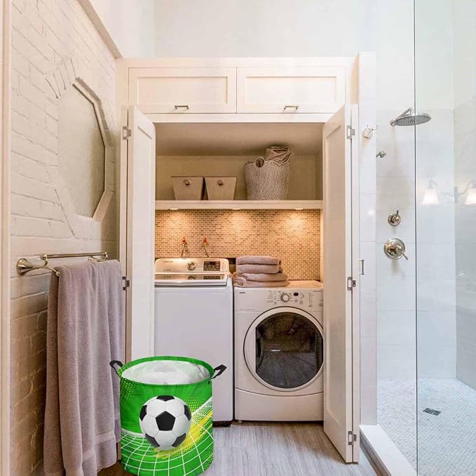 Collapsible Laundry Basket 60L, Green Football Storage Bin Laundry Hamper with Handles, Soccer Ball Goal Net Vibrant Waterproof Clothes Baskets for Bathroom/Bedroom 16.5 x 17 In