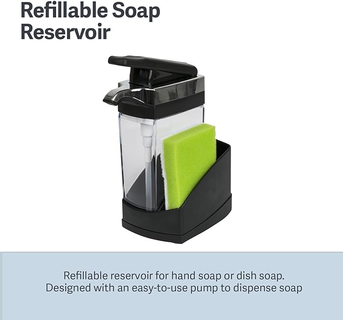 Casabella Sink Sider Solo Kitchen Soap Pump and Sponge Caddy, Black/Chrome - 2-in-1 Soap and Sponge Caddy, One-Hand Soap Dispensing, Ergonomic Design, Easy to Refill and Clean, Efficient Size