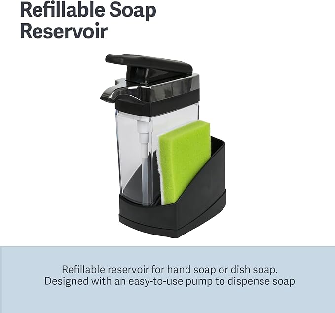 Casabella Sink Sider Solo Kitchen Soap Pump and Sponge Caddy, Black/Chrome - 2-in-1 Soap and Sponge Caddy, One-Hand Soap Dispensing, Easy to Refill and Clean, Efficient Size (Pack of 6)