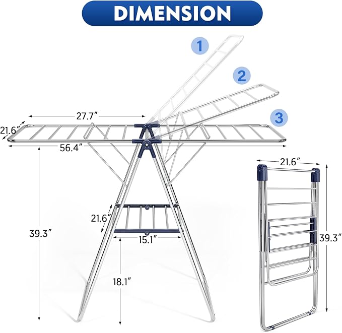 APEXCHASER Stainless Steel Clothes Drying Rack, Drying Rack Clothing with Height-Adjustable, Foldable Gullwings Laundry Drying Rack, Indoor Outdoor Use, No Assembly