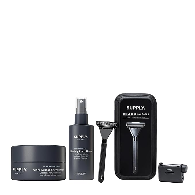 SUPPLY Single Edge Max Shaving Starter Kit for Men – Includes Safety Razor in Sterling, 8 Black Label Blade Refills and Shaving Cream 3.4 oz & Post Shave Lotion 2 oz in Sandalwood & Cedar