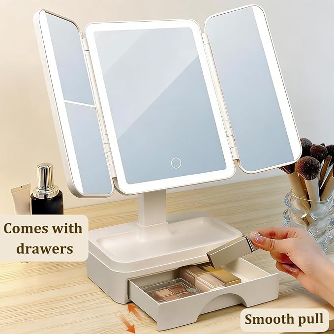 Tri Fold Lighted Makeup Mirror with Storage & 3X Magnification, Small Vanity Mirror, 3-Color Dimmable LED Vanity Mirror, Touch Control Vanity Mirrors, Travel Makeup Mirror for Women (White)