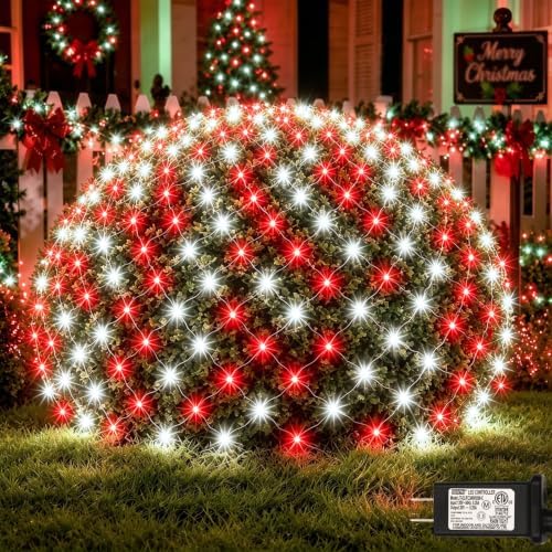 Lovelite Christmas Net Lights Red & White, 14.8ft x 5ft 300LED Mesh Lights Outdoor Green Wire 8 Modes Timer, Waterproof Connectable String Lights for Bushes Xmas Tree Garden Holiday Party Decor