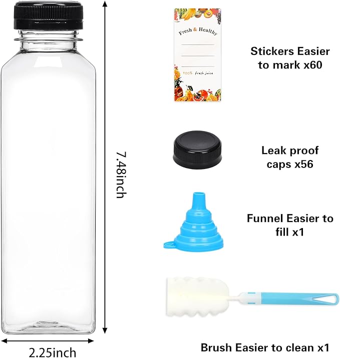 Moretoes 56pcs 16oz Plastic Juice Bottles with Caps, Clear Empty Containers with Brush Funnel and Labels for Coffee Smoothies Ginger and Other Beverages