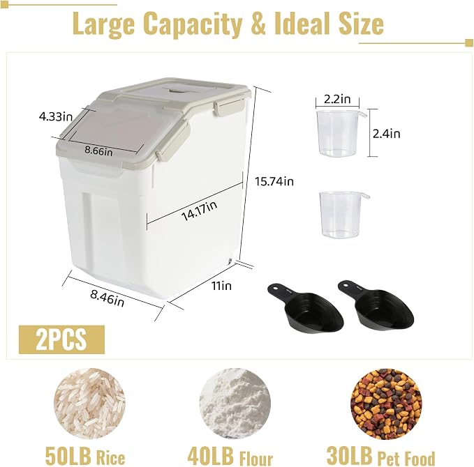 2 Pack Rice Container 50 lbs Large Bulk Flour Sugar Storage Holdhouse Plastic Grain Cereal Dry Goods Bin with Spoon and Measuring Cup for Kitchen Pantry Organization - Grey