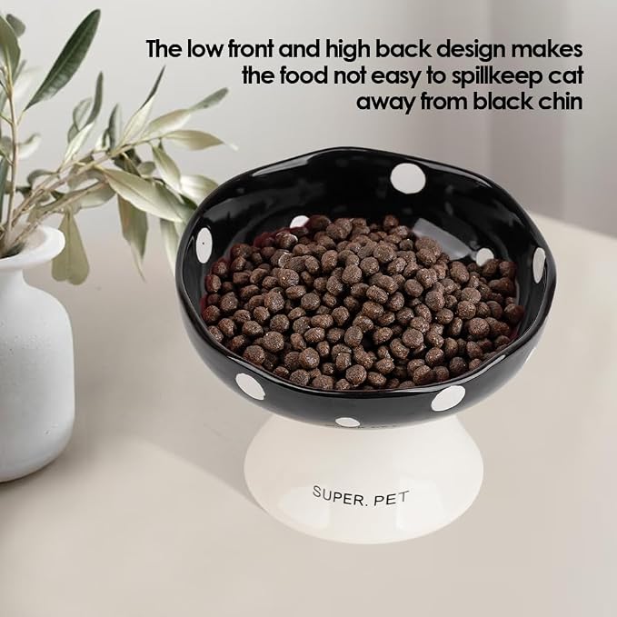 Black Mushroom Cat Bowl, Elevated Ceramic Bowl for Cats | Elevated, Ceramic, Whisker Friendly, Anti Vomitin,Cute Mushroom Design
