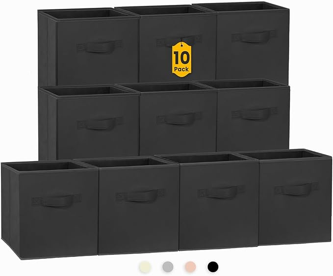 Storage Cubes, 11 Inch Clothes Storage Bins for Shelves Closet (10 Pack), Fabric Collapsible Storage Bins with Dual Handles, Cubby Storage Baskets for Magazines, Dorm Essentials (Black)