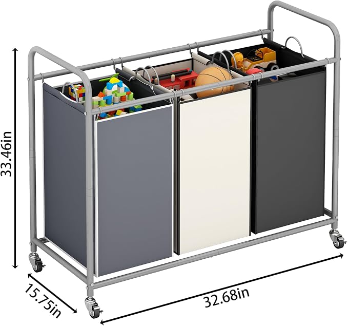 LINZINAR 3 Bags Laundry Hamper Assorted Laundry Basket 135L Laundry Sorter | Laundry Room Organization with Heavy Duty Rolling Lockable Wheels and Removable Bag, Bedroom Laundry Cart for Clothes Storage