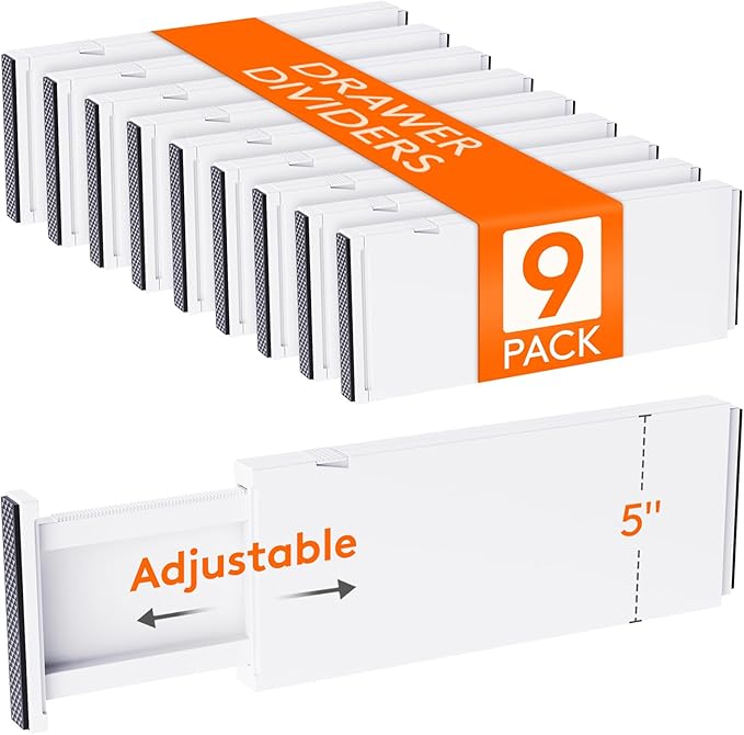 Lifewit 9 Pack 5" High Drawer Dividers 34-56cm/13.5-22" Adjustable Drawer Organizer for Clothes/Utensils, Expandable Drawer Separator in Dresser/Kitchen/Bedroom/Office Organization & Storage White