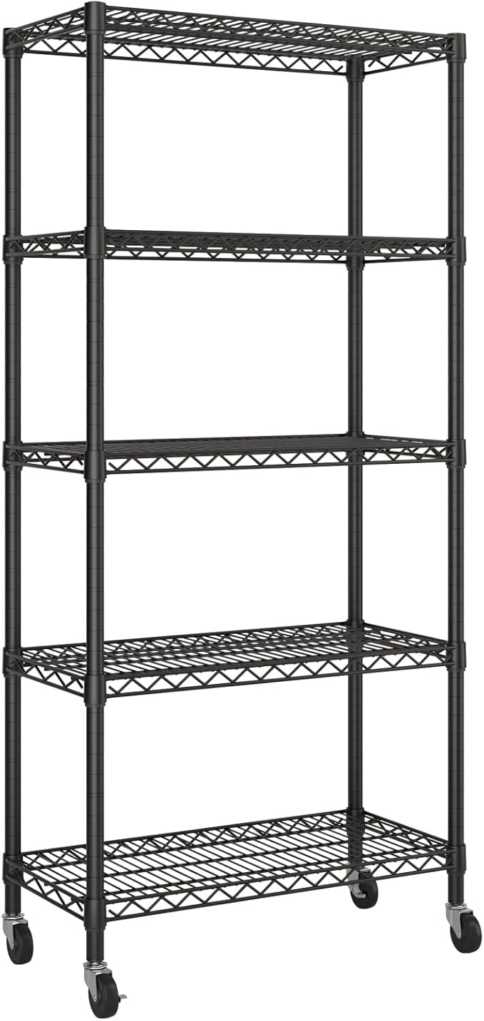 Golpart Shelves Storage Shelf Wire Closet Bathroom Organizers Metal Pantry | 5 tier Kitchen Garage Shelving Unit Laundry Room Organization Home Rack Net Basket Black with Wheels 14”D X 30”W X 70”H