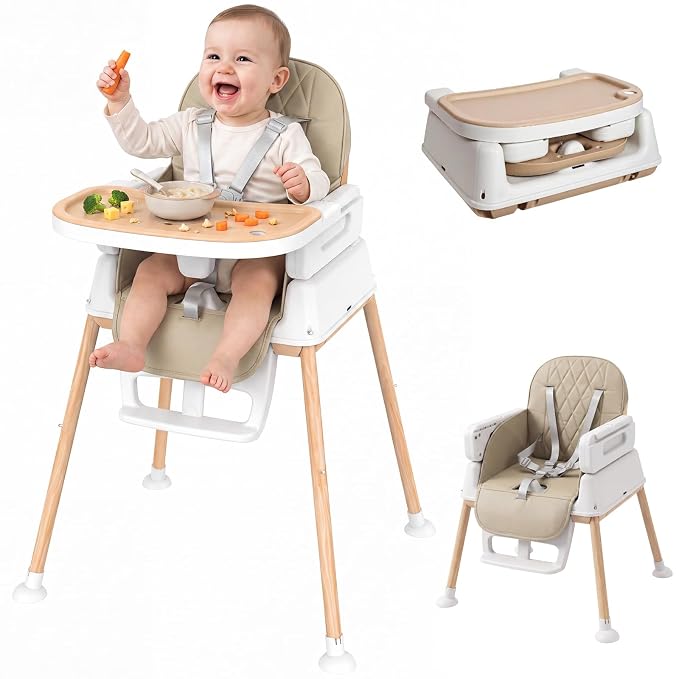 Baby High Chair for Babies and Toddlers, 3-in-1 Convertible Highchair with Built-in Leg Storage, Compact Pack-Away Design, Baby Eating Feeding Chair, Silla De Comer para Bebe, Beige