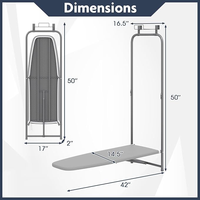 GOFLAME Over Door Ironing Board, Hanging Ironing Board with Iron Holder & Heavy-Duty Metal Frame, Space-Saving Folding Iron Board for Laundry Bathroom, Small Spaces, 42” x 16.5” x 50” (L x W x H)
