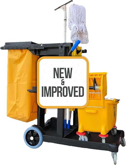 Simpli-Magic Commercial Cleaning Cart with Waste Bag & Lid, Janitorial Utility Cart with 3 Shelves, Mop & Broom Holders, 330 lb Capacity, Yellow/Grey