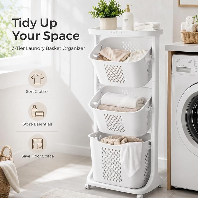 3 Tier Laundry Basket, Stackable Rolling Laundry Sorte Multi-functional Clothes Washing Storage Hamper Bin with Wheels for Bathroom, Household Kitchen (White)