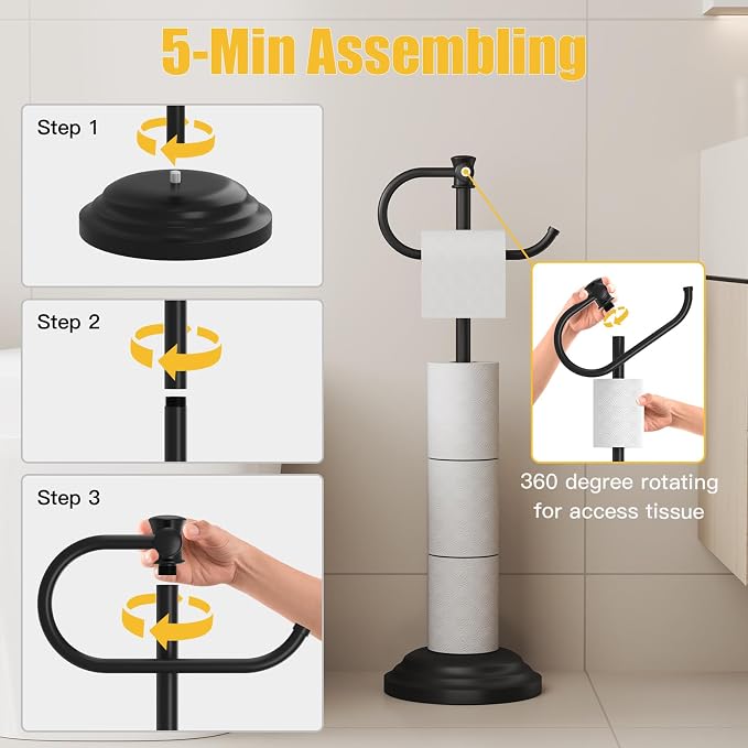BESy Toilet Paper Holder Free Standing Bathroom Toilet Tissue Holder Stand for Floor Toilet Paper Roll Holder with Storage Hardware Accessories Rack Hand Towel Bar Matte Black Stainless Steel