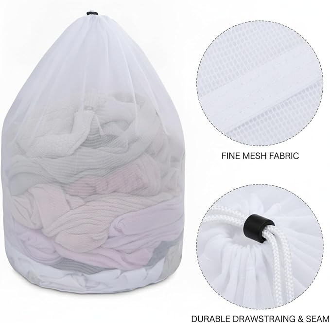 Laundry Mesh Bag with Drawstring, Polyester Net for Delicates, Lingerie, and Knits, White (1 PC)