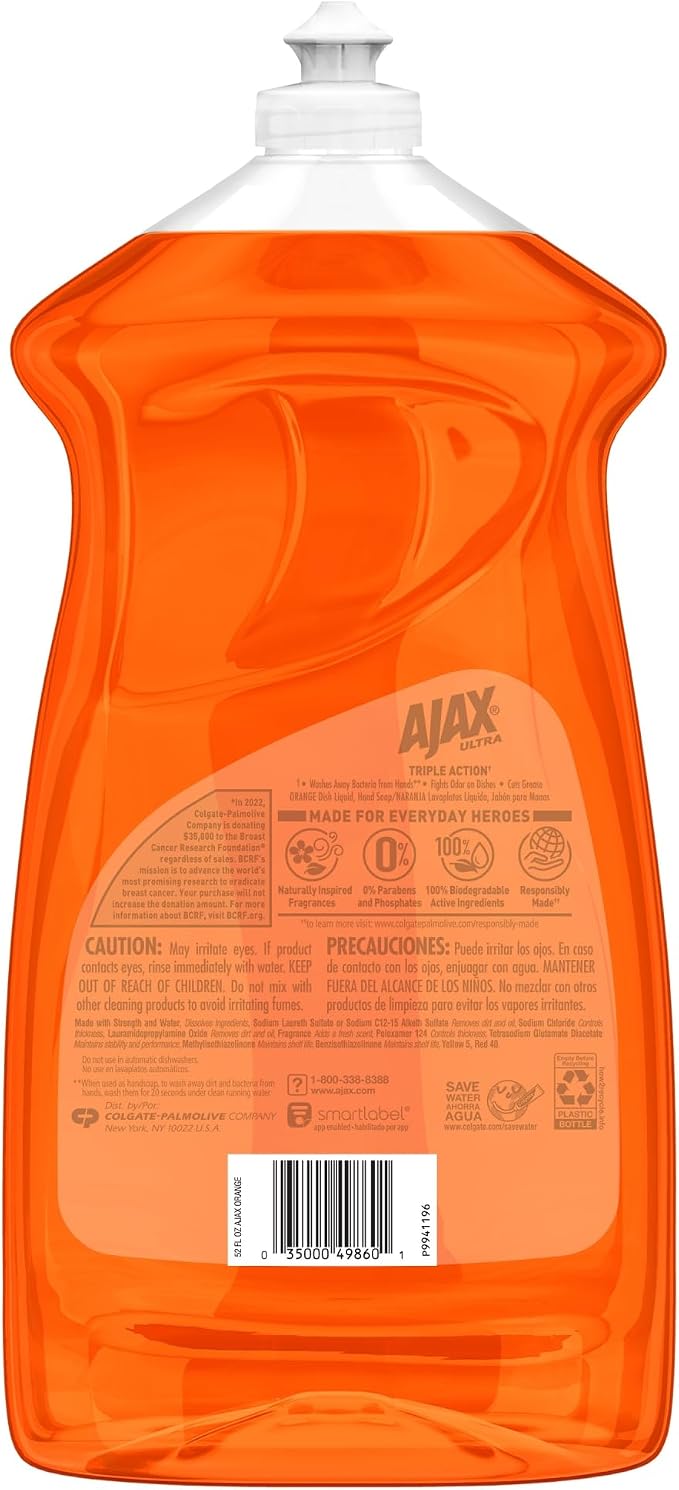 Ajax Triple Action Dish Liquid, 52 Oz, Orange, Carton Of 6 Bottles