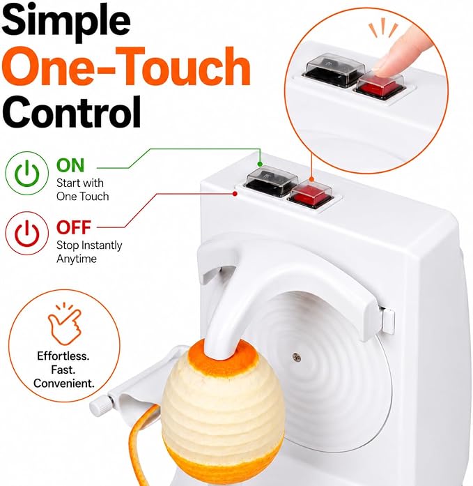 Electric Orange Peeler Automatic Fruit and Vegetable Peeler Machine, Peels Apples, Potatoes, Citrus, Stainless Steel Blade, Compact White (White)