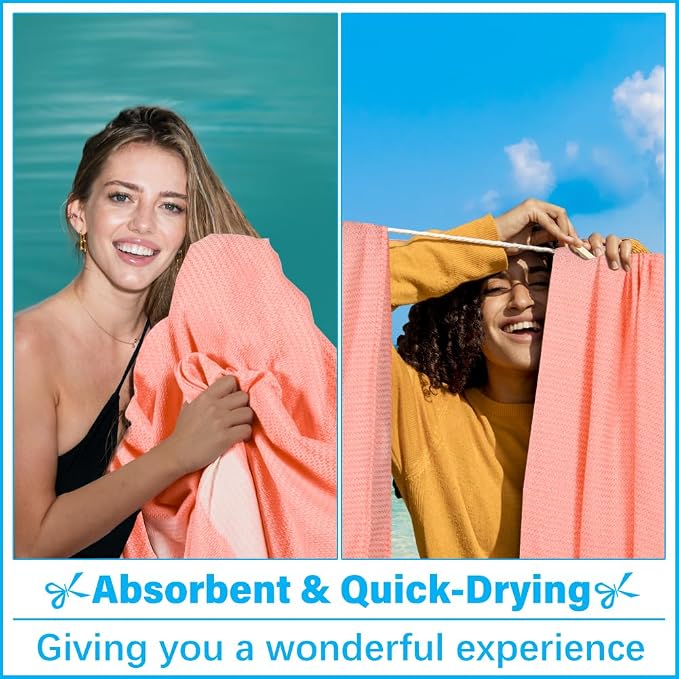 Vikumond Turkish Beach Towel Blanket Oversized 88x82 Inch Quick Dry Coral | Lightweight Compact Portable Sand Free Absorbent Boho Woven Throw for Pool Swimming Picnic Camping Cruise Outdoor Essentials