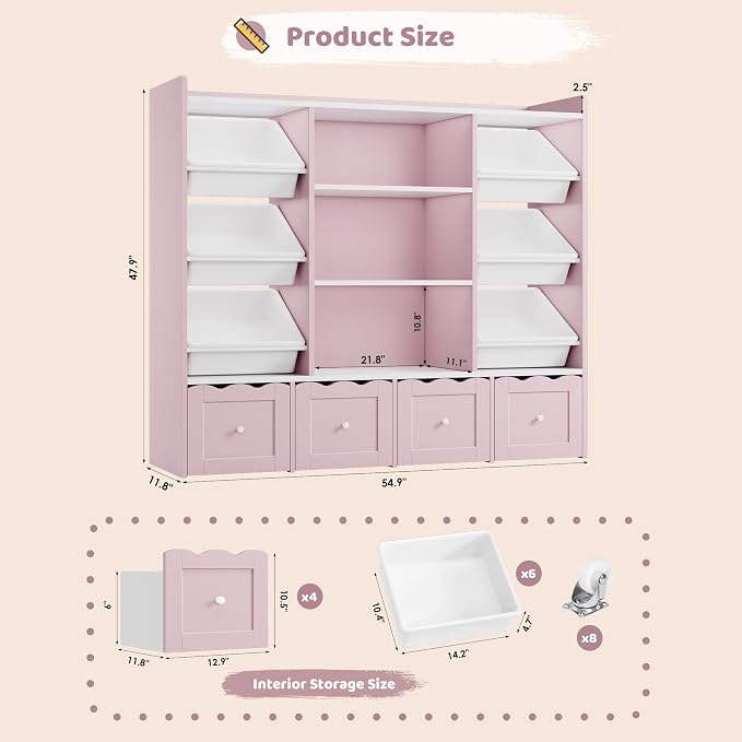 HITHOS 55" W Kids Toy Storage Organizer with 10 Toy Box & Book Shelf, Pink | Large Toy Organizers and Storage with Kids Bookshelf & 6 Plastic Toy Chests & 4 Movable Drawers for Kids Room, Playroom