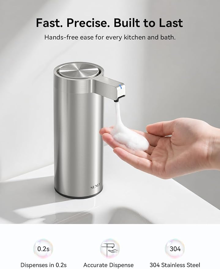 SUNLY Automatic Foaming Soap Dispenser Touchless – Clog-Free Pump, 0.2s Fast Sensor, USB-C Rechargeable, Smudge-Resistant Stainless Steel, for Kitchen & Bathroom Soap Dispenser