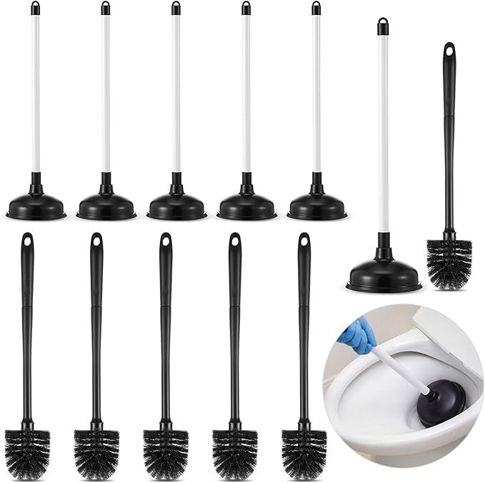 Sawysine 12 Pcs Commercial Toilet Plunger and Brush Set 6 Pack 18" Rubber Plunger with Double Thrust Force Suction Cup Handle and 6 Pack 16.54" Toilet Bowl Brush Bulk for Store Restaurant (Plastic)