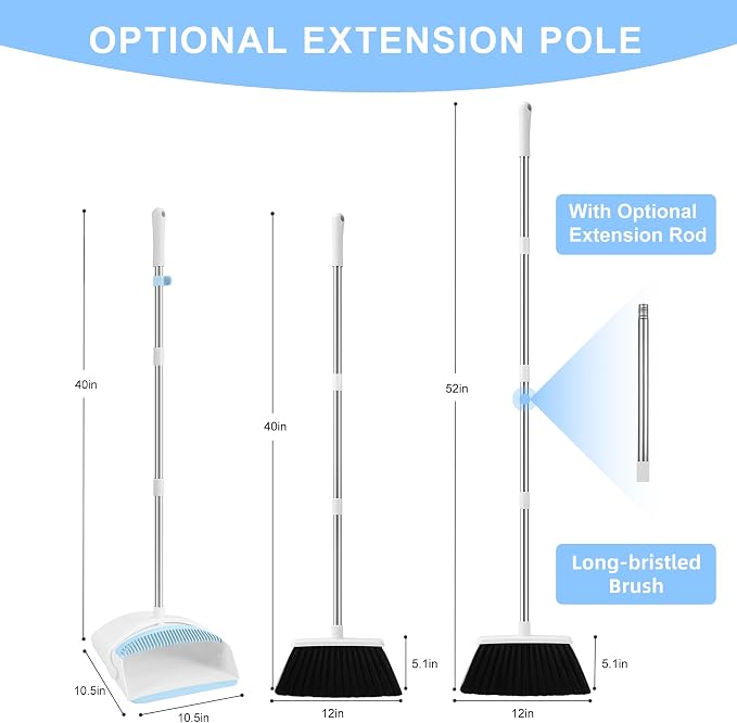 Broom with Dustpan Combo Set for Home, 52-in Long Adjustable Handle Angle Broom and Dustpan Set with Dustpan Comb Teeth for Sweeping Pet Hair Food Dirt Kitchen (White-Blue)