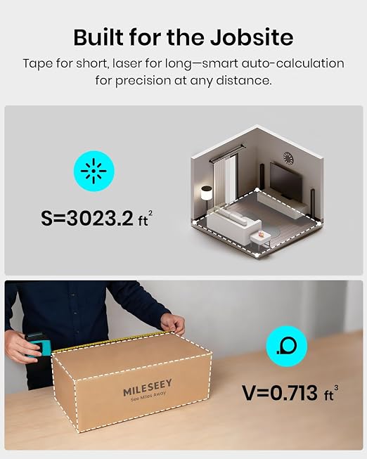 MILESEEY DT20 Digital Laser Tape Measure,131Ft Laser Distance Meter & 16Ft Digital Tape, Rechargeable, 1/16" Accuracy, Large Backlit Display, Ft/In/M/CM/MM Units, Area Volume for Home DIY Construction