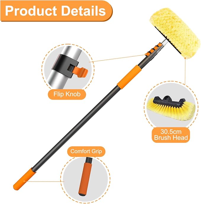 SISUPASSIE Car Wash Brush, 16FT Telescopic Car Wash Brush with Long Handle, 12-Inch Soft Bristle Car Cleaning Brush for Cleaning Car, RV, Truck, Boat, Solar Panels