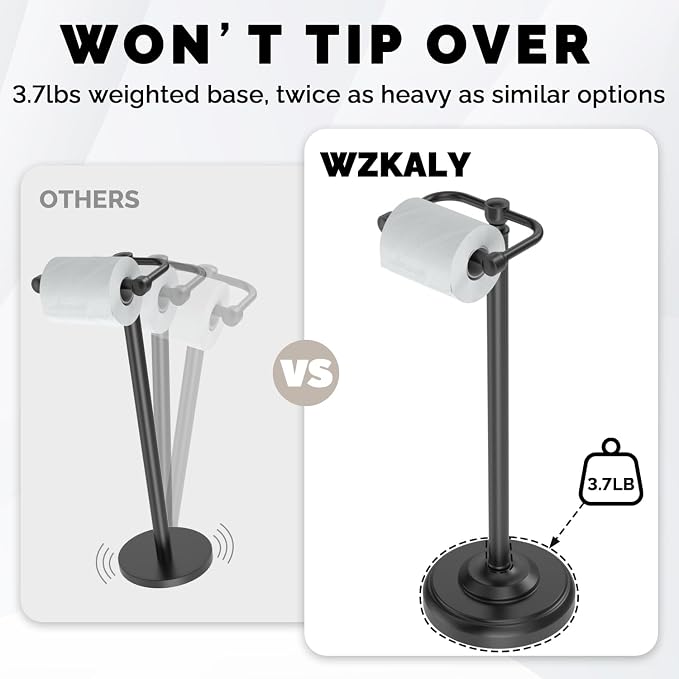 Black Toilet Paper Holder Stand, Matte Black Toilet Paper Holder Free Standing, Post Pivoting Design & Stable Weighted Base SUS304 Stainless Steel for Bathroom(Mega Roll)