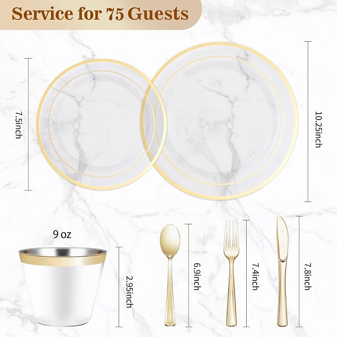 BESTVIP 450PCS Plastic Dinnerware Set (75 Guests), Clear Gold Disposable Plates for Party, Wedding, Christmas, Anniversary, Includes: Dinner Plates, Dessert Plates, Cups, Spoons, Forks and Knives