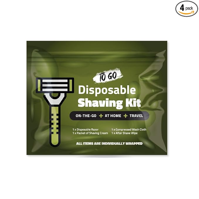 Travel Shaving Kit with Razor, Shaving Cream, Washcloth and Aftershave Wipe, Men's Disposable Grooming Pack (Green) (1)