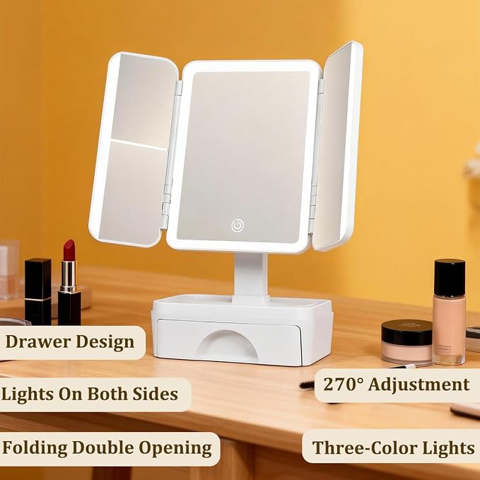 Tri Fold Lighted Makeup Mirror with Storage & 3X Magnification, Small Vanity Mirror, 3-Color Dimmable LED Vanity Mirror, Touch Control Vanity Mirrors, Travel Makeup Mirror for Women (White)