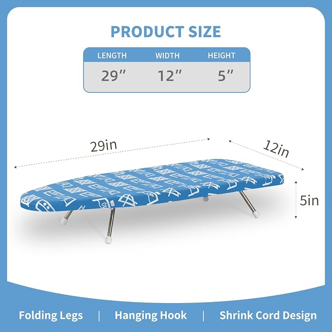 Tabletop Ironing Board 12"x29" – Portable Folding Ironing Board with Thick Felt Padding, Heat-Resistant Cover, Stainless Steel Legs, Compact & Space-Saving Design (Blue Runes)