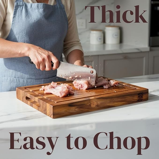 Premium Teak Wood Cutting Board 14×10 Inch, Extra Thick 1.5 Inch Edge Grain Butcher Block for Meat & Daily Prep, Large Wooden Cutting Board with Juice Groove & Handle Grips by New M Way