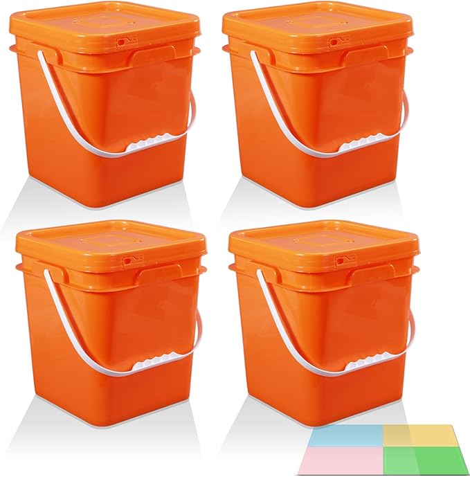 Food Storage Buckets with Lids - 4 Set Square Clear Plastic Containers, Airtight Pressure Seal & Handle for Kitchen Freezer Prep (Orange, 1.3 gal)