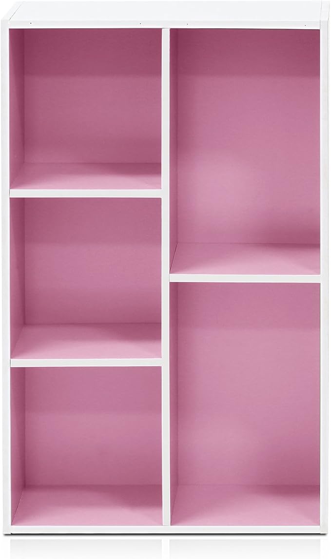 Furinno LUDER Book Shelf, 5-Cube Bookshelf, Reversible Bookcase, 9.4 x 19.5 x 31.5, Easy Assembly, for Living Room, Bedroom, Home Office, White/Pink