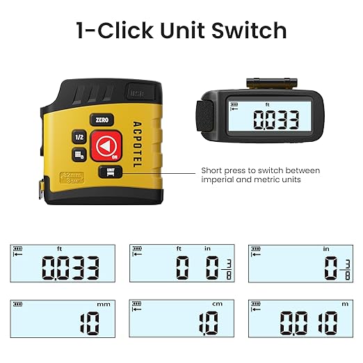 Digital Tape Measure 16 Ft - 6 Metric and Imperial Units, Easy Read Digital Measuring Tape Retractable with Fractions 1/16, Rechargeable Measurement Tool, for Distance/Area/Volume, Yellow
