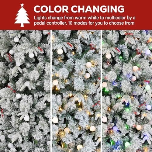 Hykolity 7.5 ft Prelit Flocked Christmas Tree, 450 Multicolor LED Lights, Artificial Christmas Pine Tree with Red Berries, 1608 PE&PVC Branch Tips, Metal Stand and Hinged Branches, 10 Modes