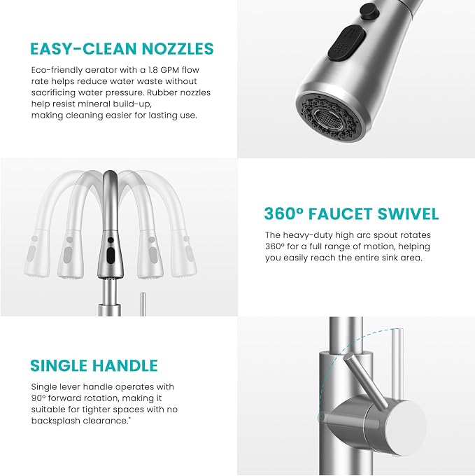 Kicimpro Kitchen Faucets with Pull Down Sprayer, NSF Certified Lead-Free 304 Stainless Steel Sink Faucet 1 Hole, Faucet for Kitchen Sink, Rv, Bar, Camper, Laundry, Easy Installation,Brushed Nickel | 3 Spray Modes, 360 Swivel, Deck Plate, SUS304, Fits 1...