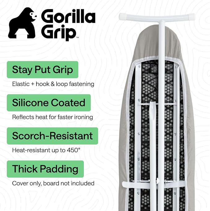 GORILLA GRIP The Original Ironing Board Cover and Pad, Silicone Coating, 400°F Scorch Resistant Thick Padding, Heavy Duty Iron Covers Standard Boards, Hook and Loop Fastener Strap, Silver 13x43