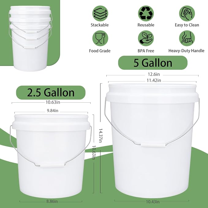 5 Gallon & 2.5 Gallon Plastic Bucket Set with Handle (6 Pack), Water Bucket for Household Cleaning, Car Wash, Plastic Container for Gardening Outdoor Paint Kitchen Storage, DIY Gift, White