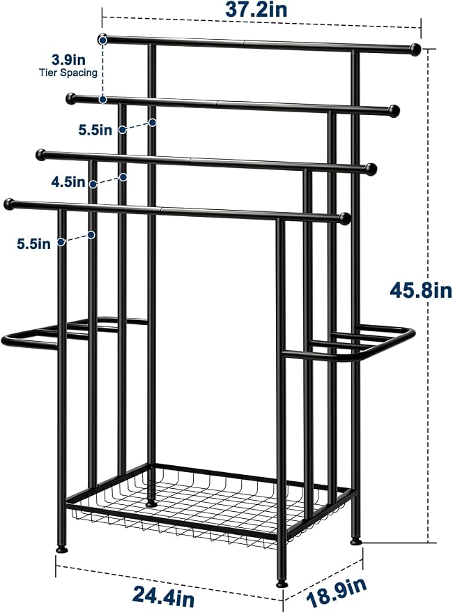 Haturi 4-Tier Free Standing Towel Rack for Bathroom, 45.3" H Black Metal Towel Drying Rack, 18.1" W with Storage Basket, Outdoor Pool Towel Holder for Oversized Towels & Blankets