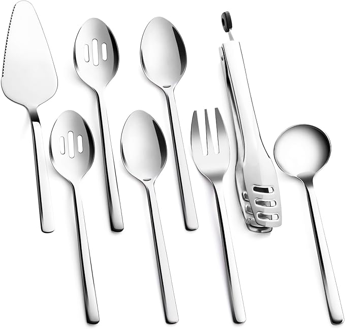 8 piece Large Hostess Serving Utensils Set,18/10 Stainless Steel | Heavy Duty Serving Set, 10-inch Serving Utensils, Slotted Spoons, Forks, Tongs, Cake Pie Server for Buffet, Wedding, Parties