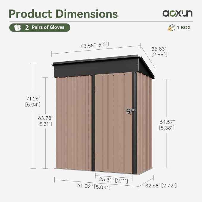 Aoxun 5’x3’ Shed Outdoor Storage Shed, Brown | Metal Shed with Lockable Doors & Slooping Roof Garden Tool Shed for Backyard, Patio, Poolside