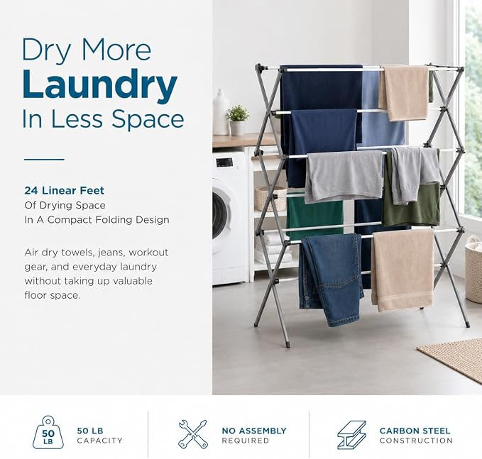 Honey-Can-Do 6-Tier Collapsible Clothes Drying Rack, 30", White | Accordion frame opens to 6 tiers with 24 ft of drying space, then folds flat to 3 in. Rust-resistant coated steel.