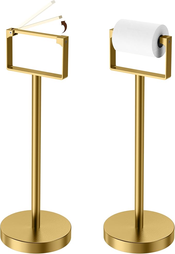 RUACQ Toilet Paper Holder Stand, Magnetic Closure Toilet Paper Stand with Lift-Up Rotating Arm, SUS304 Stainless Steel Bathroom Toilet Paper Holder Free Standing, Weighted Base (Brushed Gold)